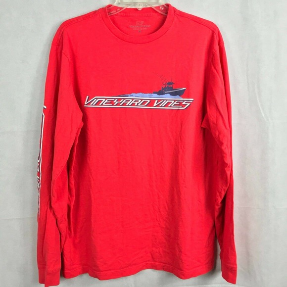 Vineyard Vines T-Shirt Mens Sz M Red Graphic Logo Cotton Long‎ Sleeve Stretch - Picture 2 of 9